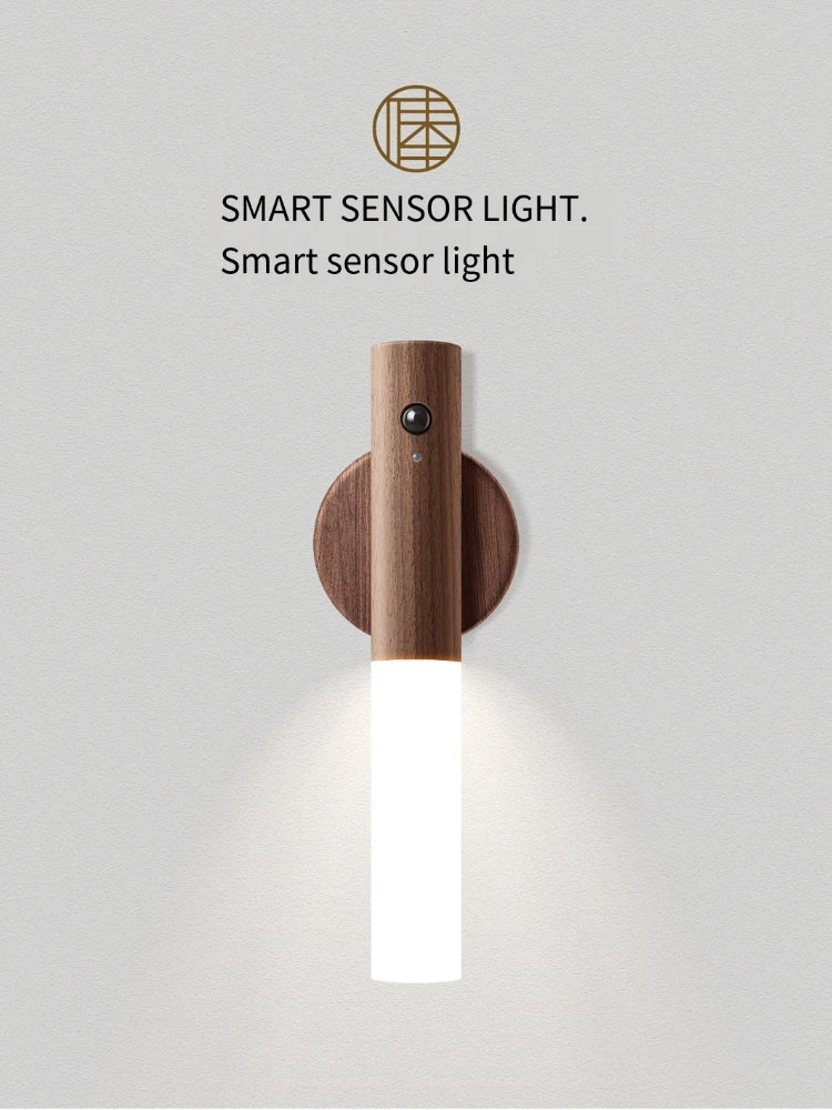 Rechargeable Motion Sensor Night Light – Magnetic Wooden Wall Sconce for Bedroom & Stairs