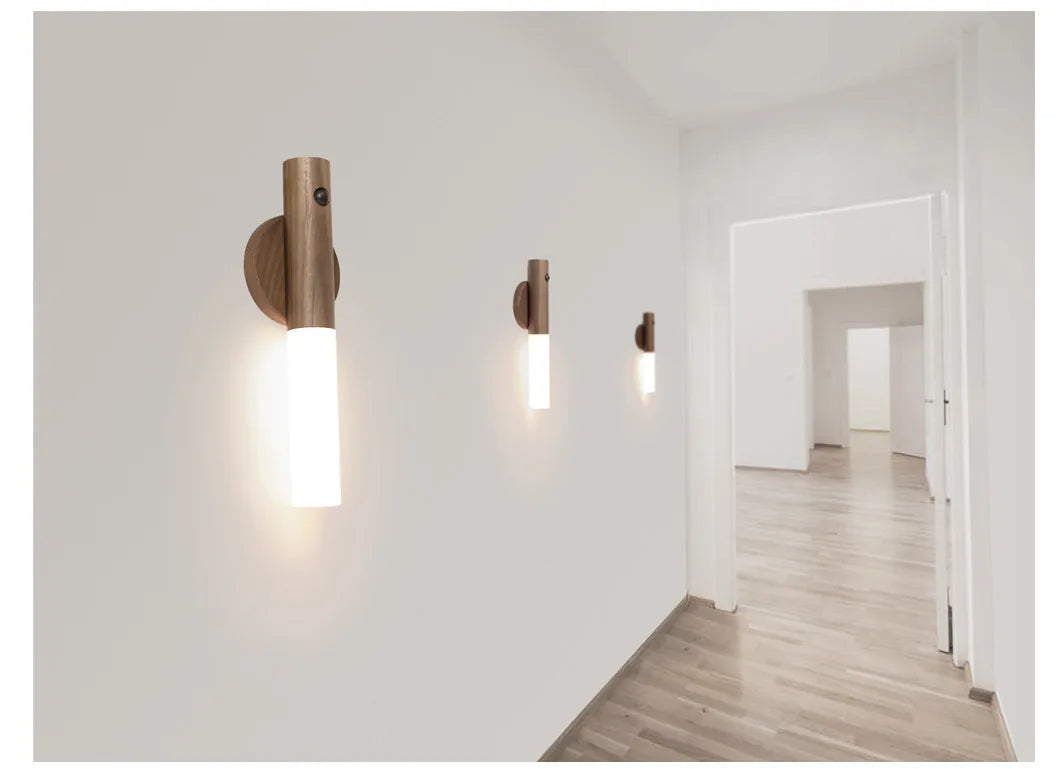 Rechargeable Motion Sensor Night Light – Magnetic Wooden Wall Sconce for Bedroom & Stairs