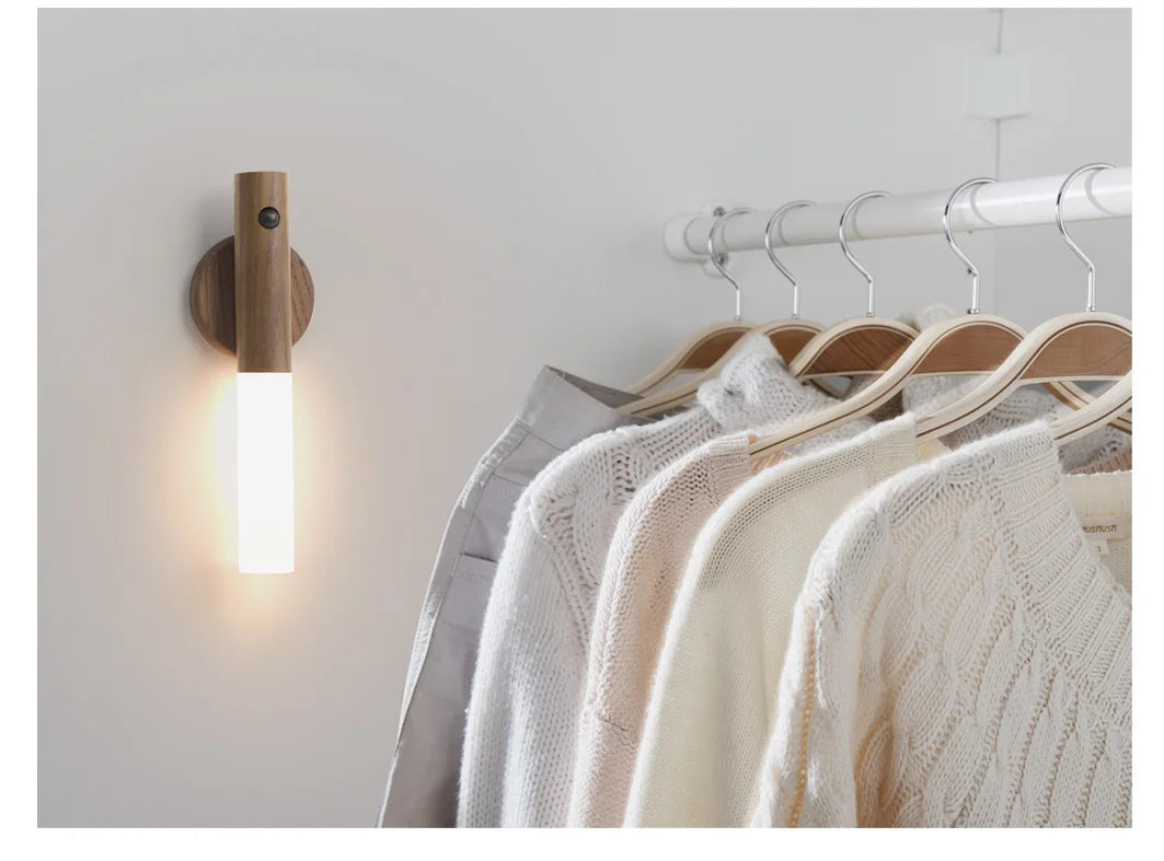 Rechargeable Motion Sensor Night Light – Magnetic Wooden Wall Sconce for Bedroom & Stairs