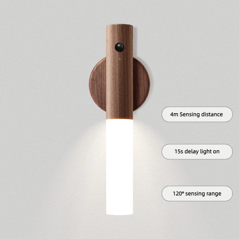 Rechargeable Motion Sensor Night Light – Magnetic Wooden Wall Sconce for Bedroom & Stairs