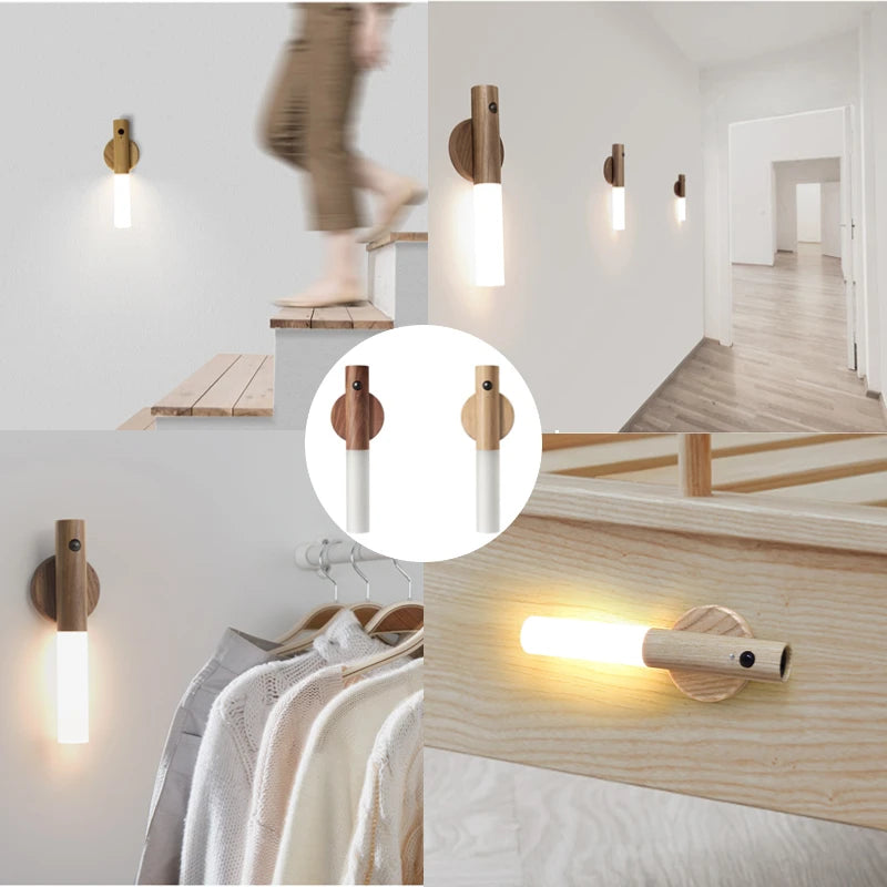 Rechargeable Motion Sensor Night Light – Magnetic Wooden Wall Sconce for Bedroom & Stairs
