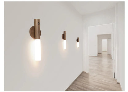 Rechargeable Motion Sensor Night Light – Magnetic Wooden Wall Sconce for Bedroom & Stairs