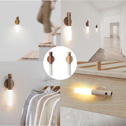 Rechargeable Motion Sensor Night Light – Magnetic Wooden Wall Sconce for Bedroom & Stairs
